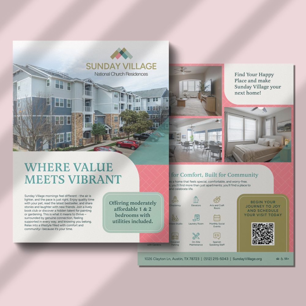 Sunday Village marketing flyer and brochure front and back showing community exterior, apartment interiors, amenity icons, and brand messaging
