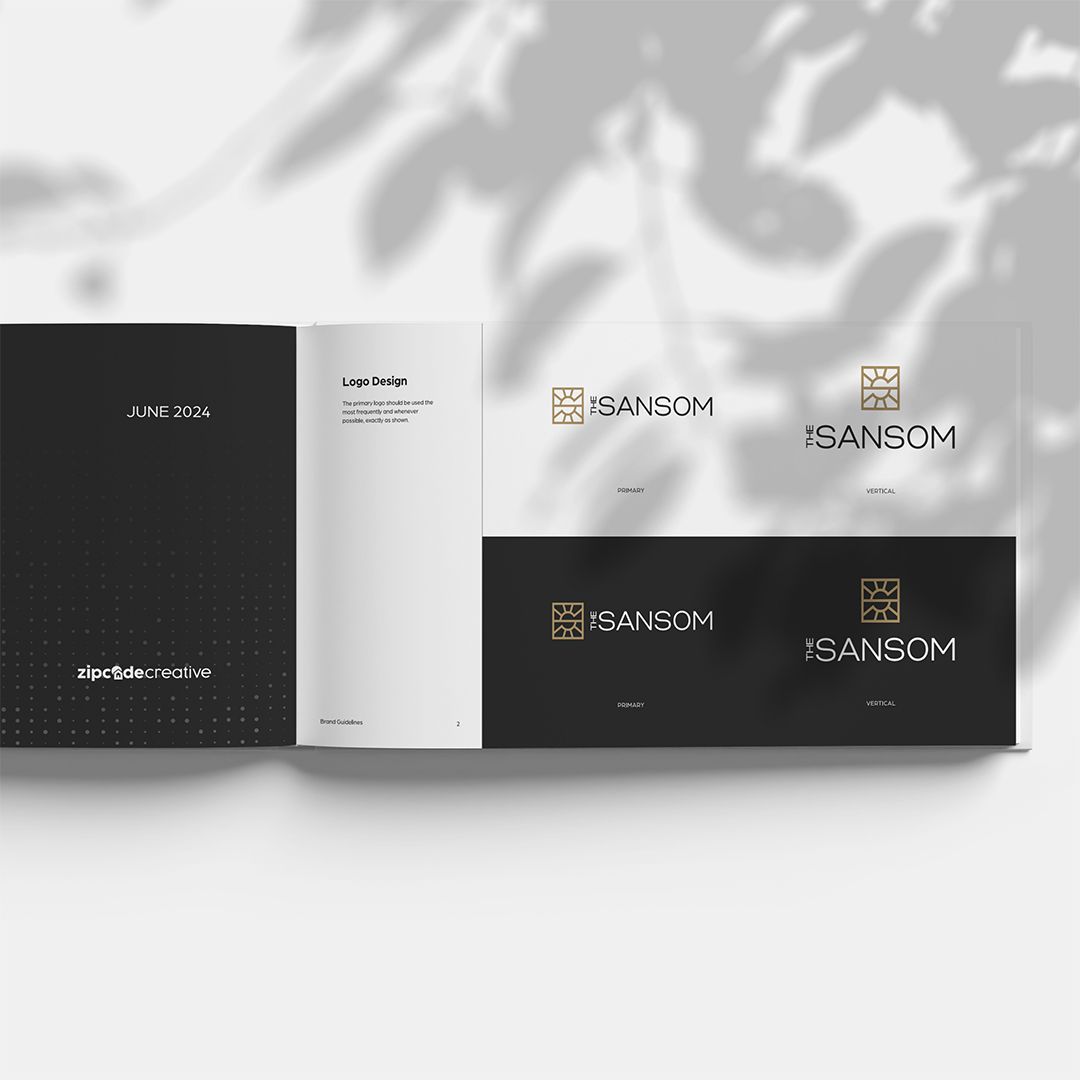 The Sansom apartment brand guidelines logo variations showing primary sunburst icon with horizontal and vertical lockup configurations on light and dark backgrounds