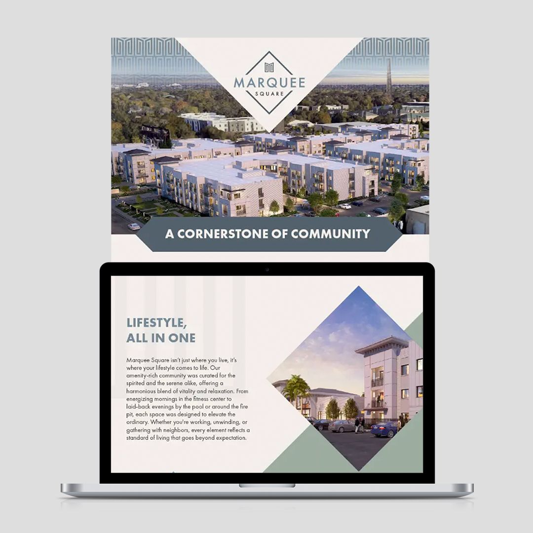 Marquee Square apartment branding mockup showing print collateral and website design with aerial property rendering and diamond logo pattern