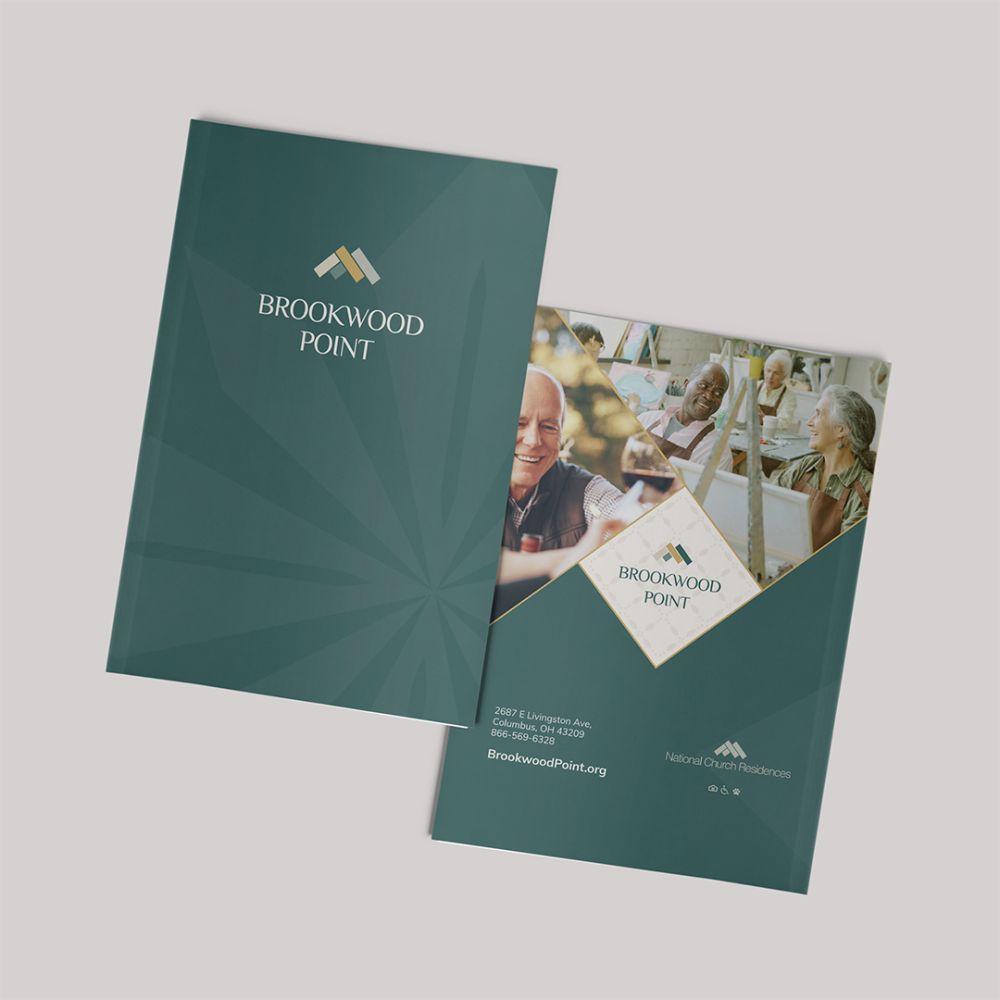 Brookwood Point presentation folder in deep emerald with the logo, tonal sunburst pattern, and diamond-framed lifestyle photography