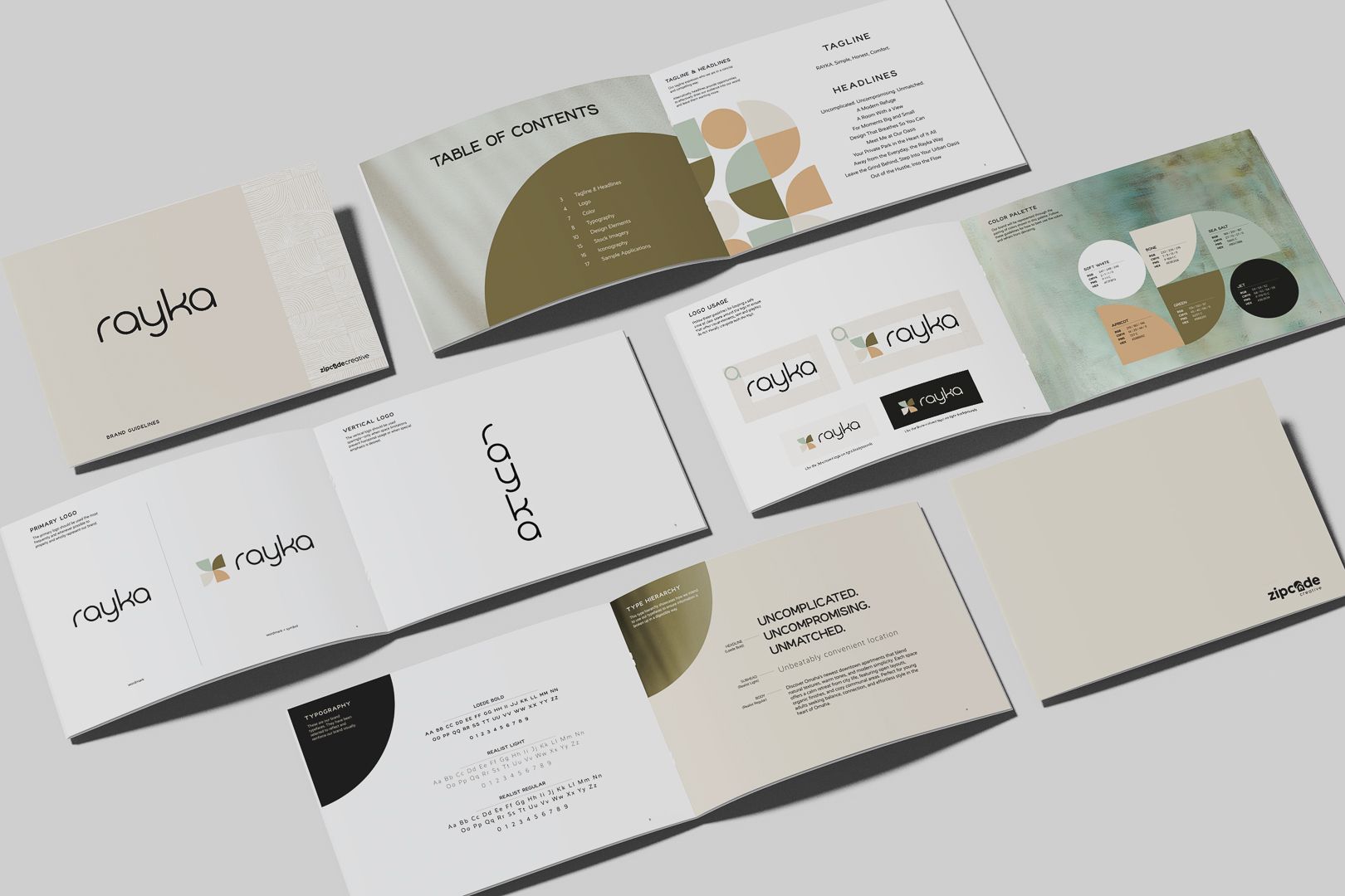 Rayka brand guidelines showing table of contents, tagline Simple Honest Comfort, headlines, and color palette specifications