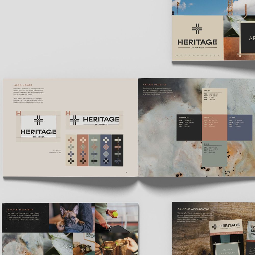 Heritage on Hover apartment community brand style guide showing logo usage, color palette, typography, and lifestyle photography for multifamily branding