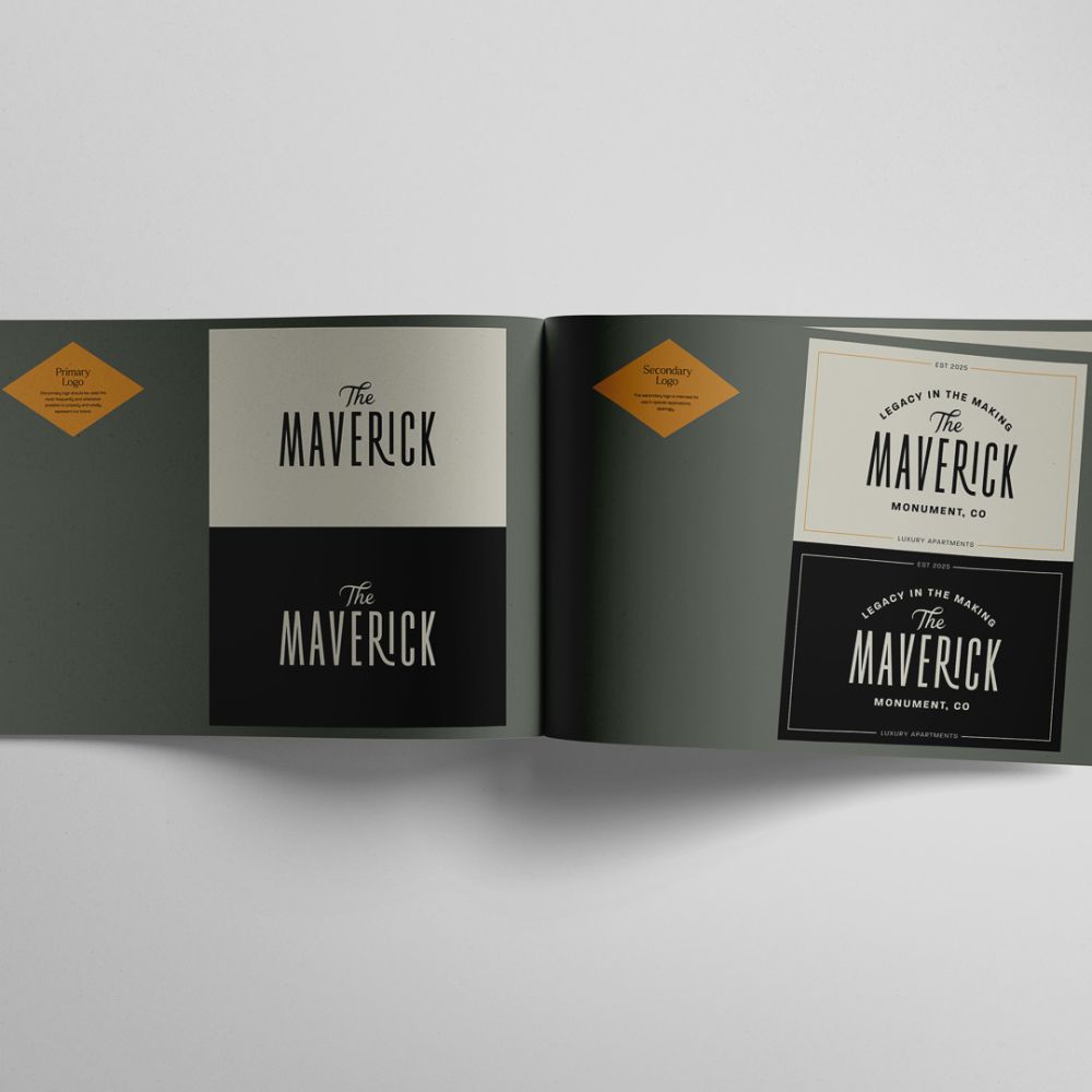 Open spread showing The Maverick primary logo and secondary "Legacy in the Making" badge logo on sage and black backgrounds