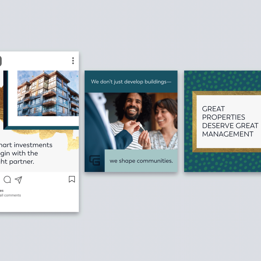 Curated Group social media mockups featuring Instagram post with watercolor building, property management messaging, and gold-framed text on branded backgrounds
