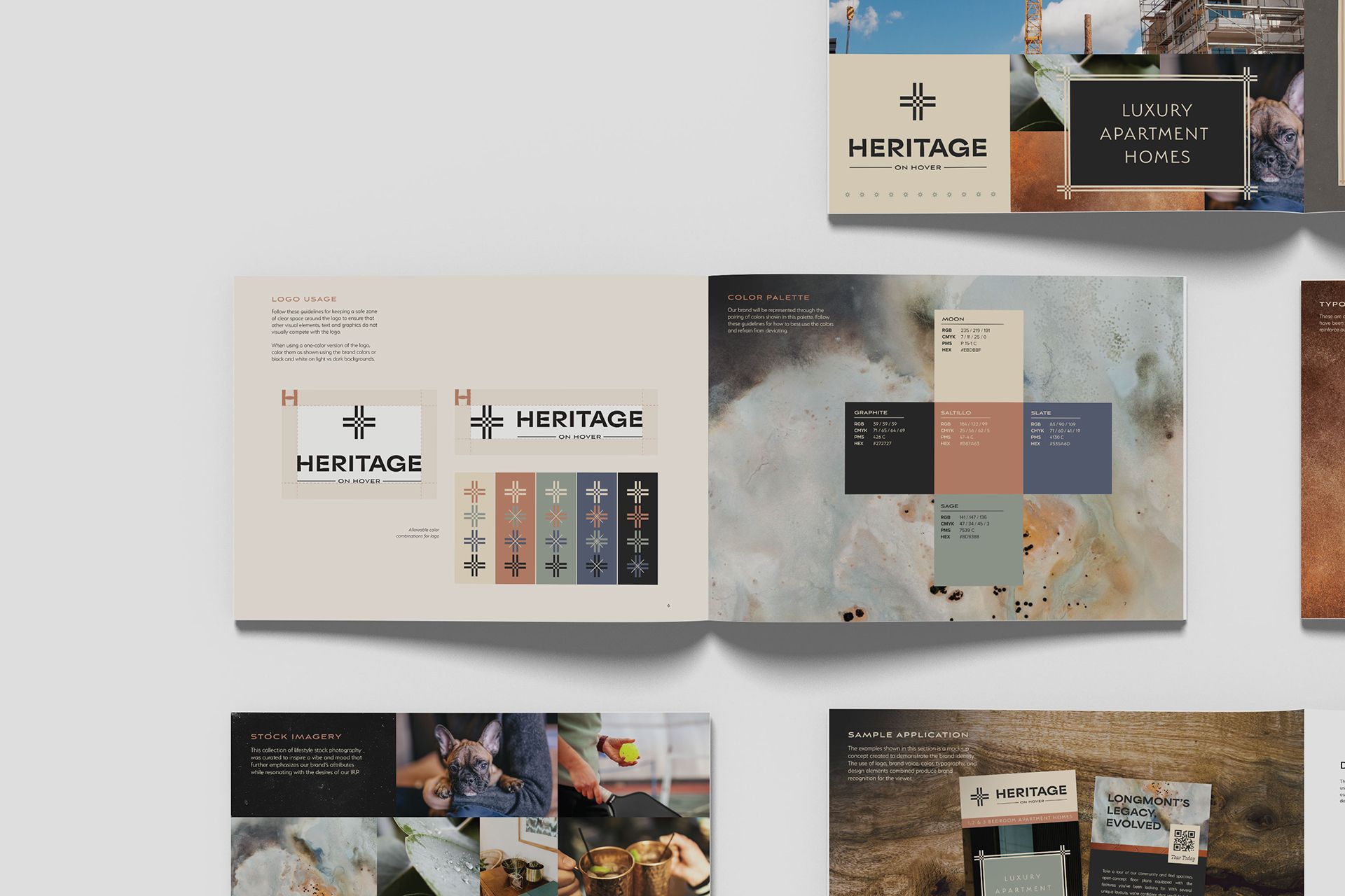 Brand guidelines spread for Heritage on Hover apartment community showing logo usage, color palette, stock imagery direction, and sample marketing applications
