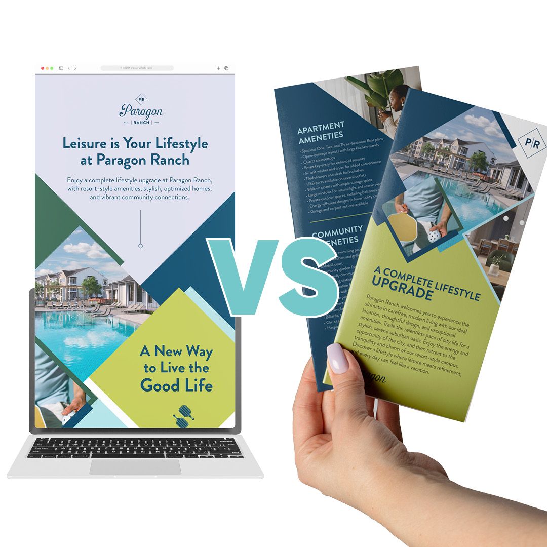 Laptop displaying digital apartment website next to hand holding printed marketing brochures showing Paragon Ranch community branding