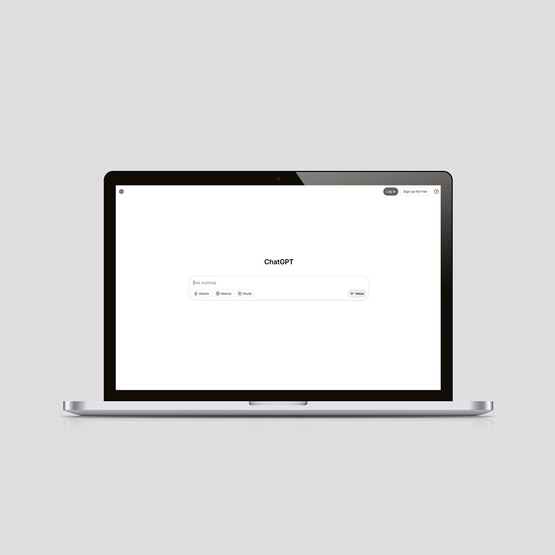 Silver MacBook laptop displaying ChatGPT interface with "Ask anything" prompt and search options for multifamily marketing content creation