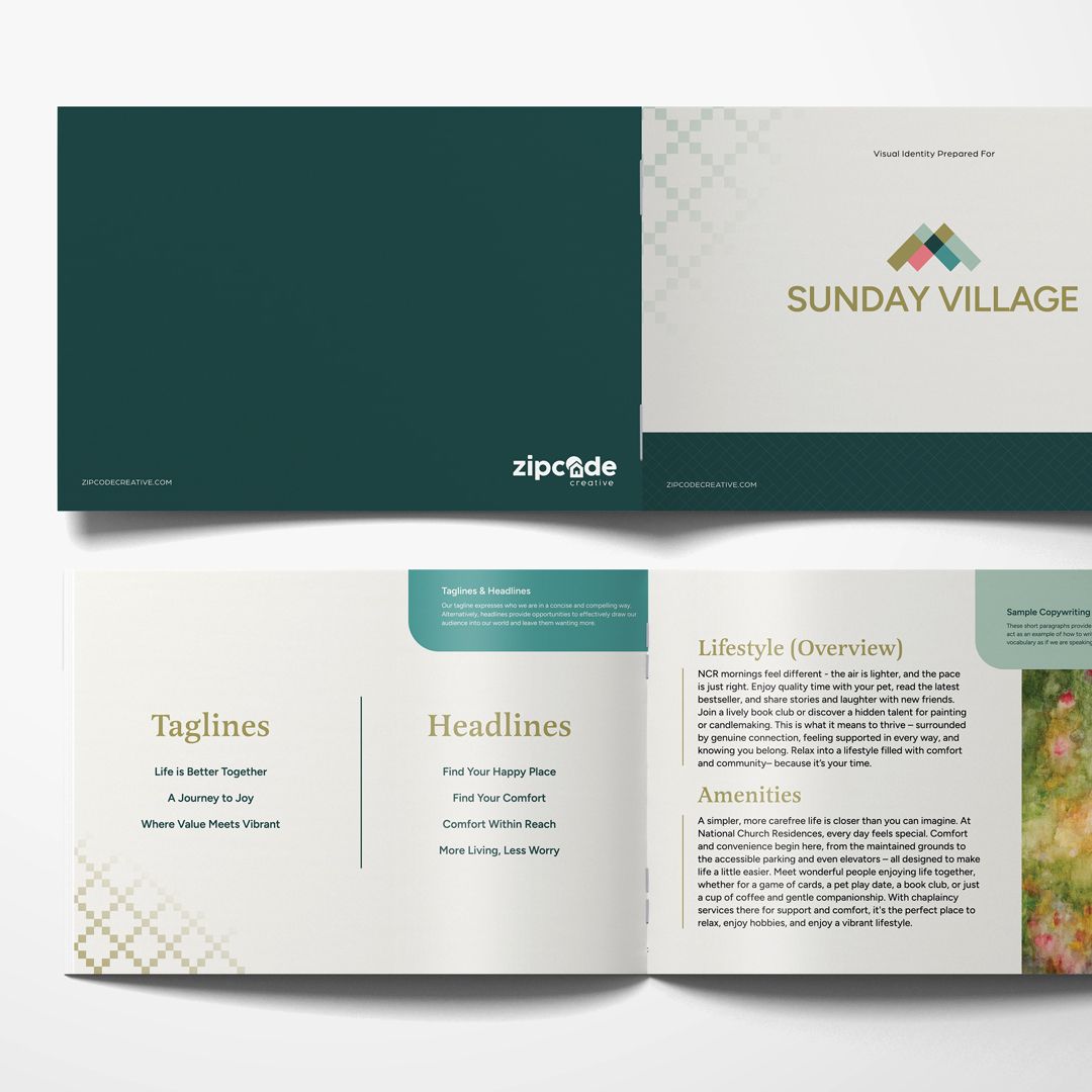 Sunday Village brand guide cover and interior spread showing logo, taglines, headlines, sample copywriting, and lifestyle overview