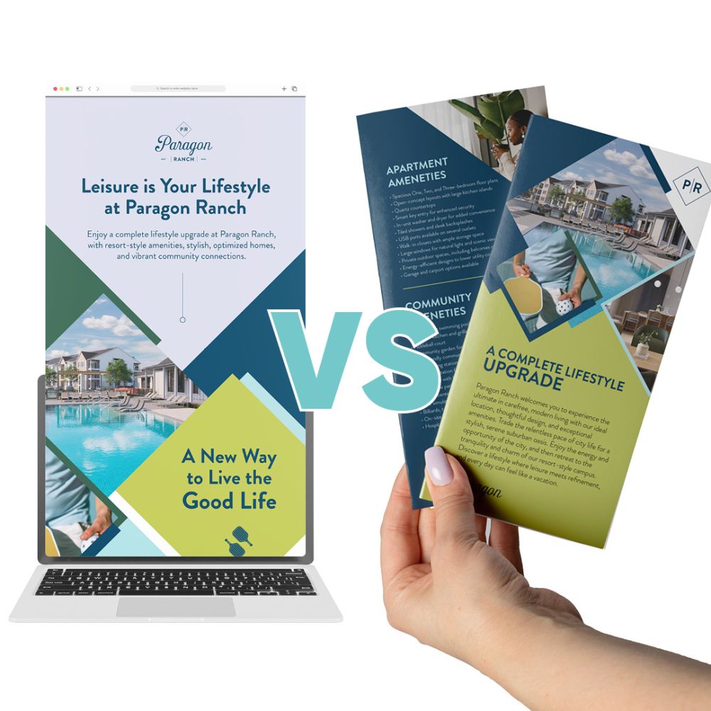 Laptop displaying digital apartment website next to hand holding printed marketing brochures showing Paragon Ranch community branding
