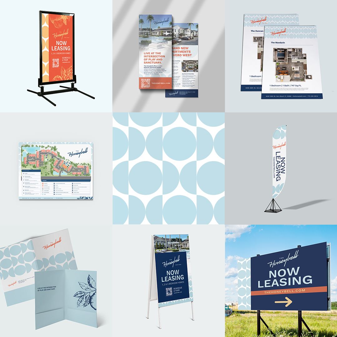 Collage of branded apartment marketing materials for The Honeybell community including leasing signs, brochures, floor plans, site map, feather flag, and yard signage demonstrating comprehensive brand consistency across all resident touchpoints