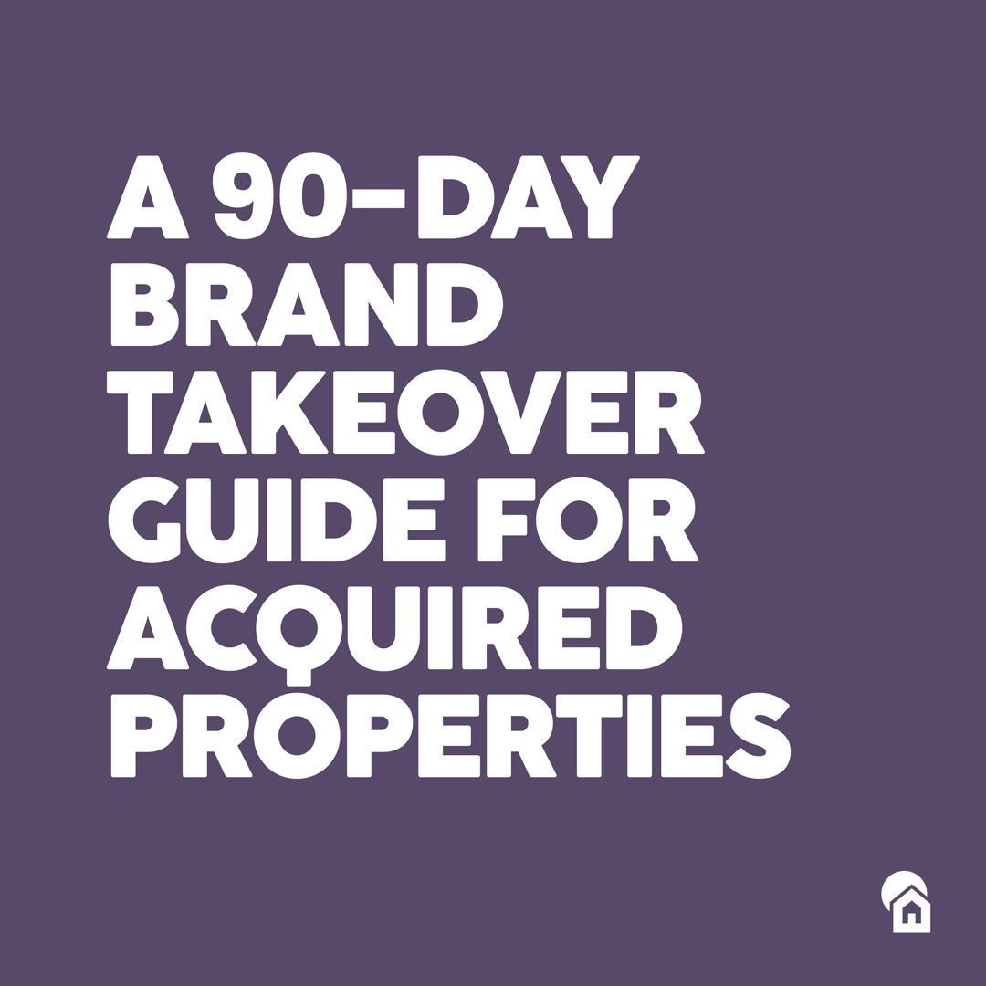 Purple graphic with white text displaying "A 90-Day Brand Takeover Guide for Acquired Properties" with Zipcode Creative logo