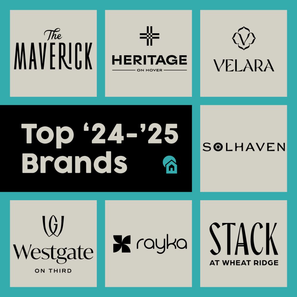 Top 2024-2025 apartment logo designs featuring The Maverick, Heritage on Hover, Velara, Solhaven, Westgate on Third, Rayka, and Stack at Wheat Ridge multifamily branding projects