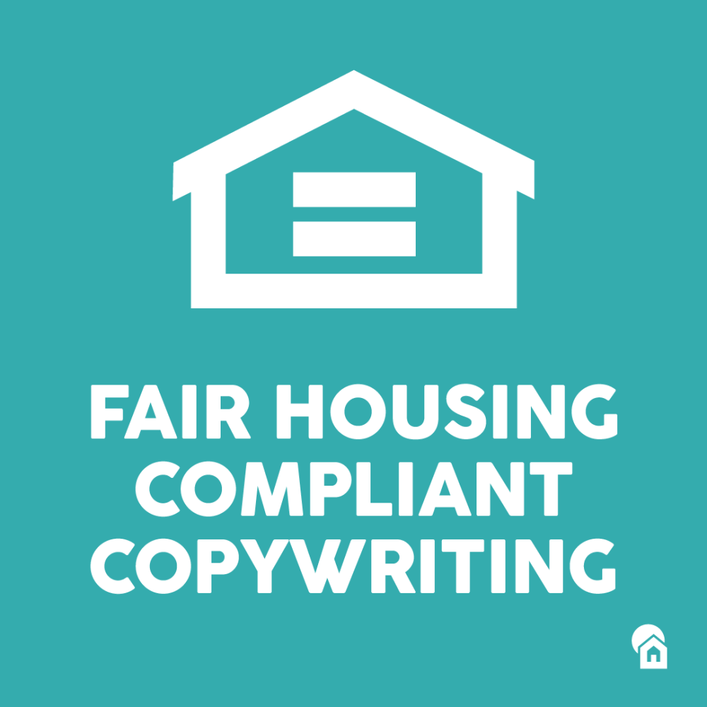 Fair Housing Compliant Copywriting blog graphic featuring the Equal Housing Opportunity logo on a teal background