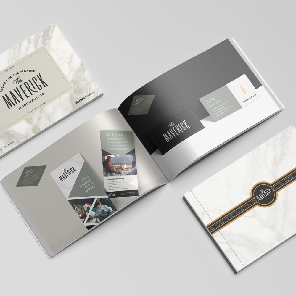 Multiple views of The Maverick brand guidelines book showing the marble cover, sample applications spread, and back cover with Zipcode Creative logo