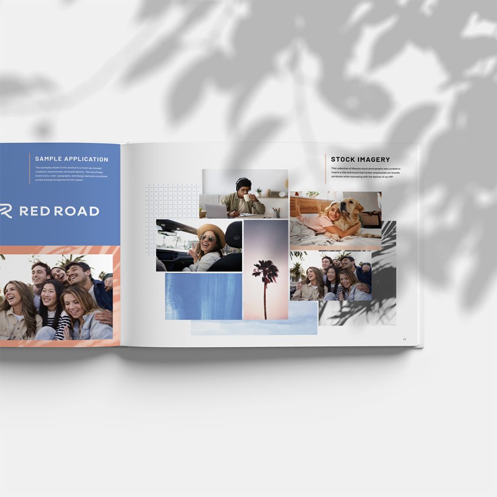Red Road Commons brand guidelines spread showing sample application page with lifestyle photography of college students and stock imagery examples featuring coastal Miami living