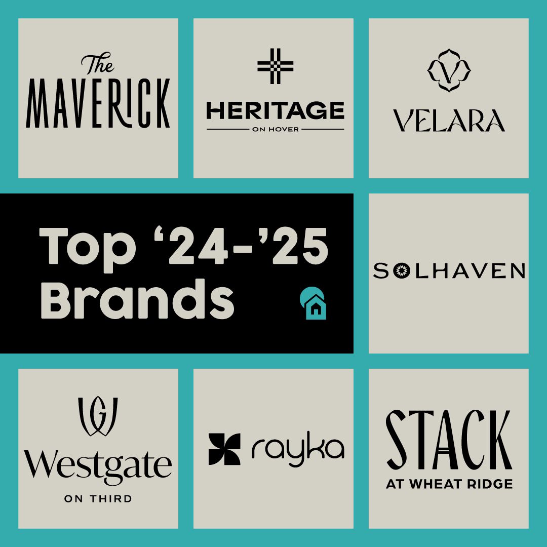 Top 2024-2025 apartment logo designs featuring The Maverick, Heritage on Hover, Velara, Solhaven, Westgate on Third, Rayka, and Stack at Wheat Ridge multifamily branding projects