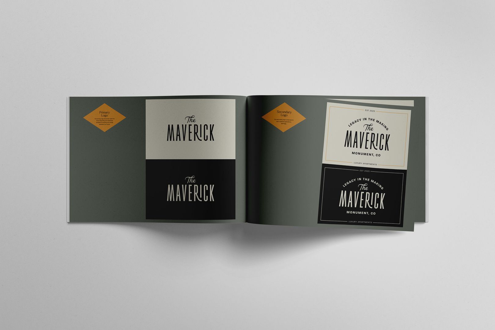 Open spread showing The Maverick primary logo and secondary "Legacy in the Making" badge logo on sage and black backgrounds
