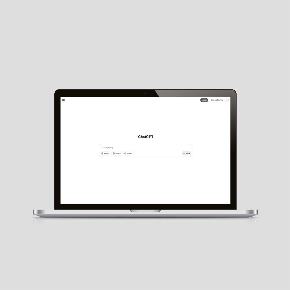 Silver MacBook laptop displaying ChatGPT interface with "Ask anything" prompt and search options for multifamily marketing content creation