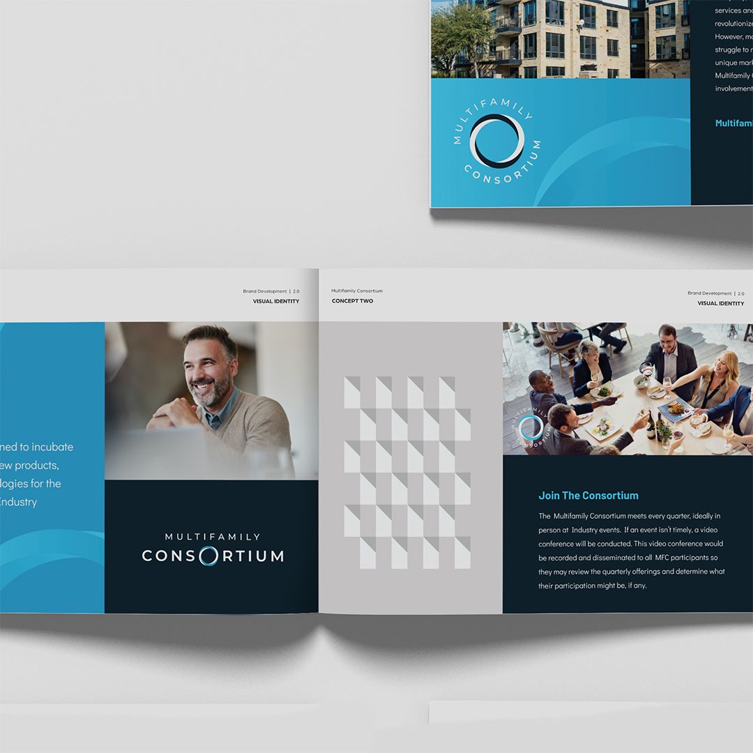 Multifamily Consortium brand presentation mockups displaying visual identity applications including logo on dark background and geometric pattern design elements