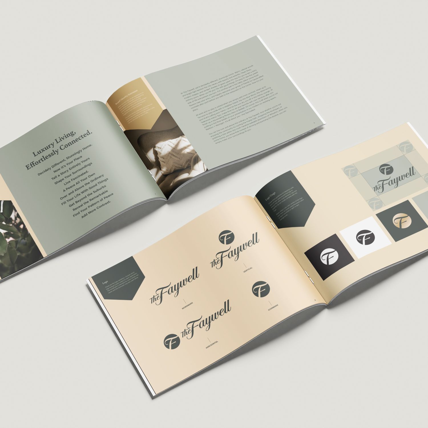 The Faywell apartment brand guidelines showing the Luxury Living, Effortlessly Connected tagline and the full logo system