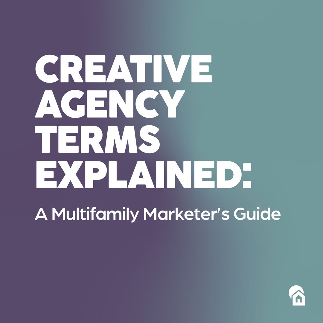Purple to teal gradient background with white text reading "Creative Agency Terms Explained: A Multifamily Marketer's Guide" and Zipcode Creative house logo