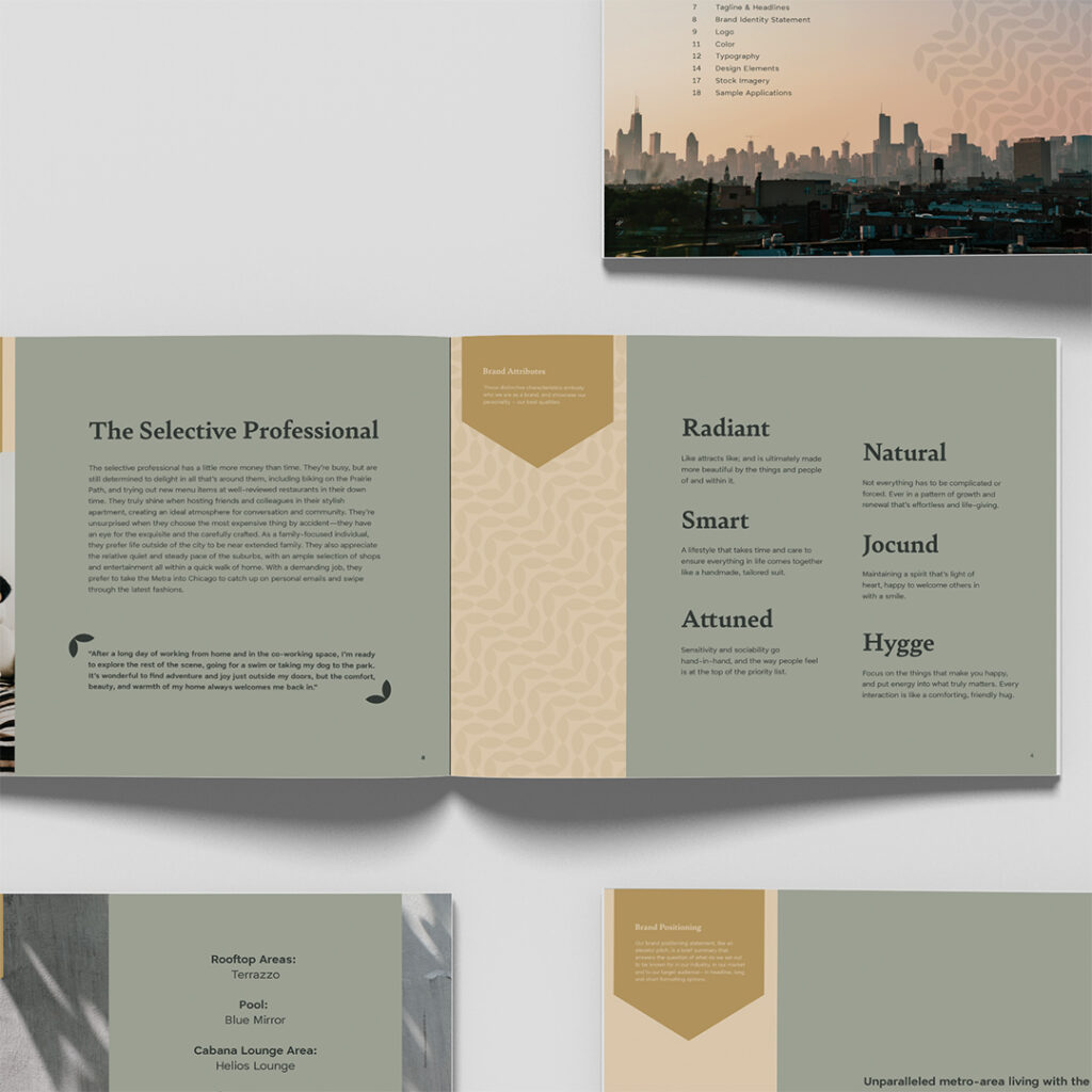 The Faywell brand guidelines spread showing the Selective Professional ideal resident profile and the six brand attributes