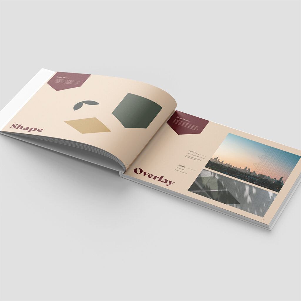 The Faywell brand design elements showing the geometric shape system and pattern overlay on skyline photography