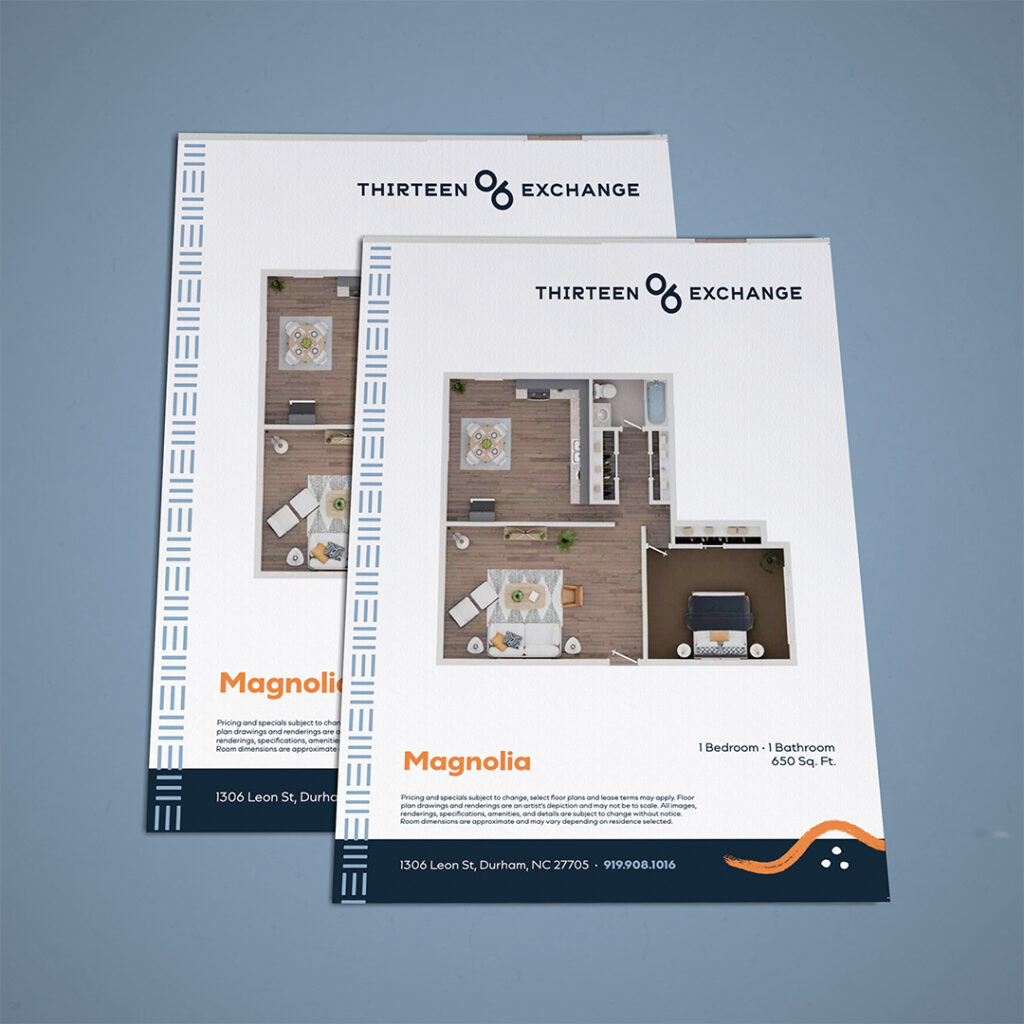 Modern apartment community floor plan sheet design for multifamily acquisition marketing collateral
