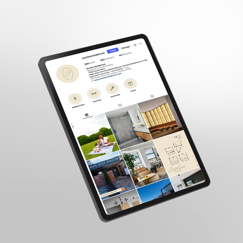 Overline Residences Instagram feed displaying consistent apartment community branding with lifestyle content, floor plans, and neighborhood highlights
