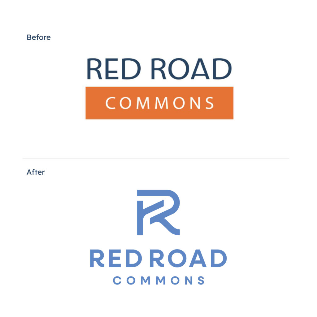 Before and after comparison of Red Road Commons logo design showing evolution from orange and navy traditional branding to modern blue streamlined student housing brand