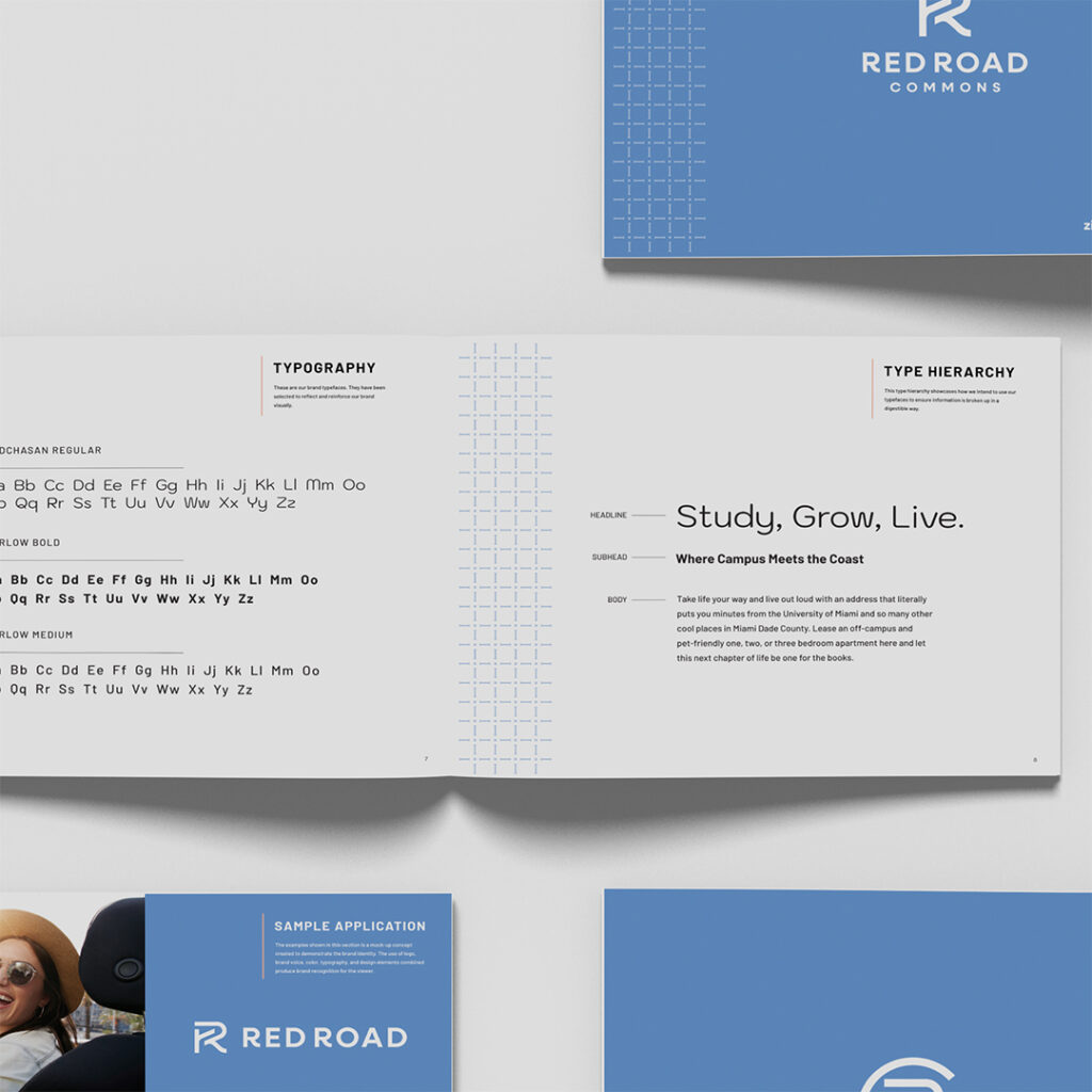 Red Road Commons typography and brand pattern guidelines showing Kodchasan font families and grid pattern design with "Study, Grow, Live" headline for University of Miami students