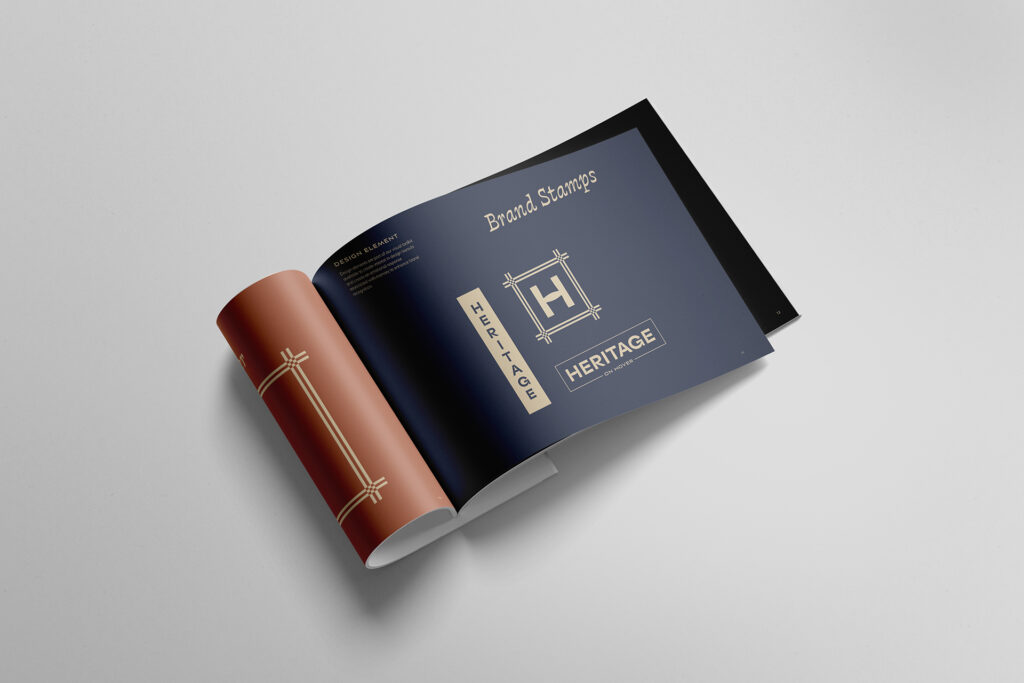  Heritage on Hover brand guidelines booklet showing logo variations and color scheme development for luxury apartment community branding
