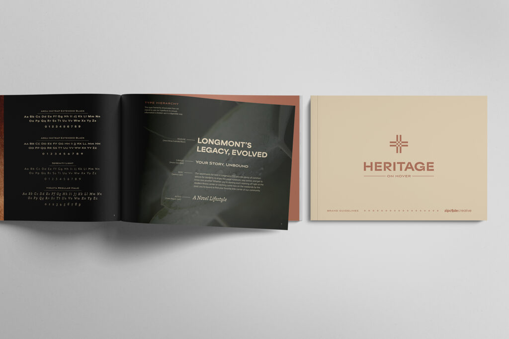 Heritage on Hover typography hierarchy and brand messaging showing "Longmont's Legacy Evolved" tagline development in apartment branding guide

