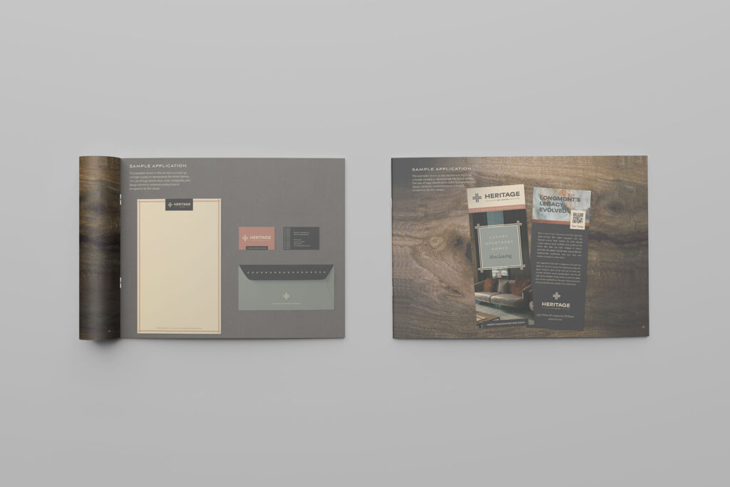 Heritage on Hover marketing collateral and brand applications including business cards and promotional materials for apartment community
