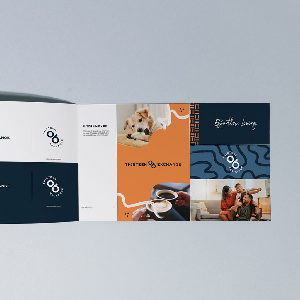 1306 Exchange Brand Identity System Multifamily Repositioning Thirteen 06 Exchange apartment branding materials including circular 06 logo variations, Effortless Living tagline in script font, lifestyle photography of young professional family and dog, coffee moment, and brand style guide elements with navy and orange color scheme