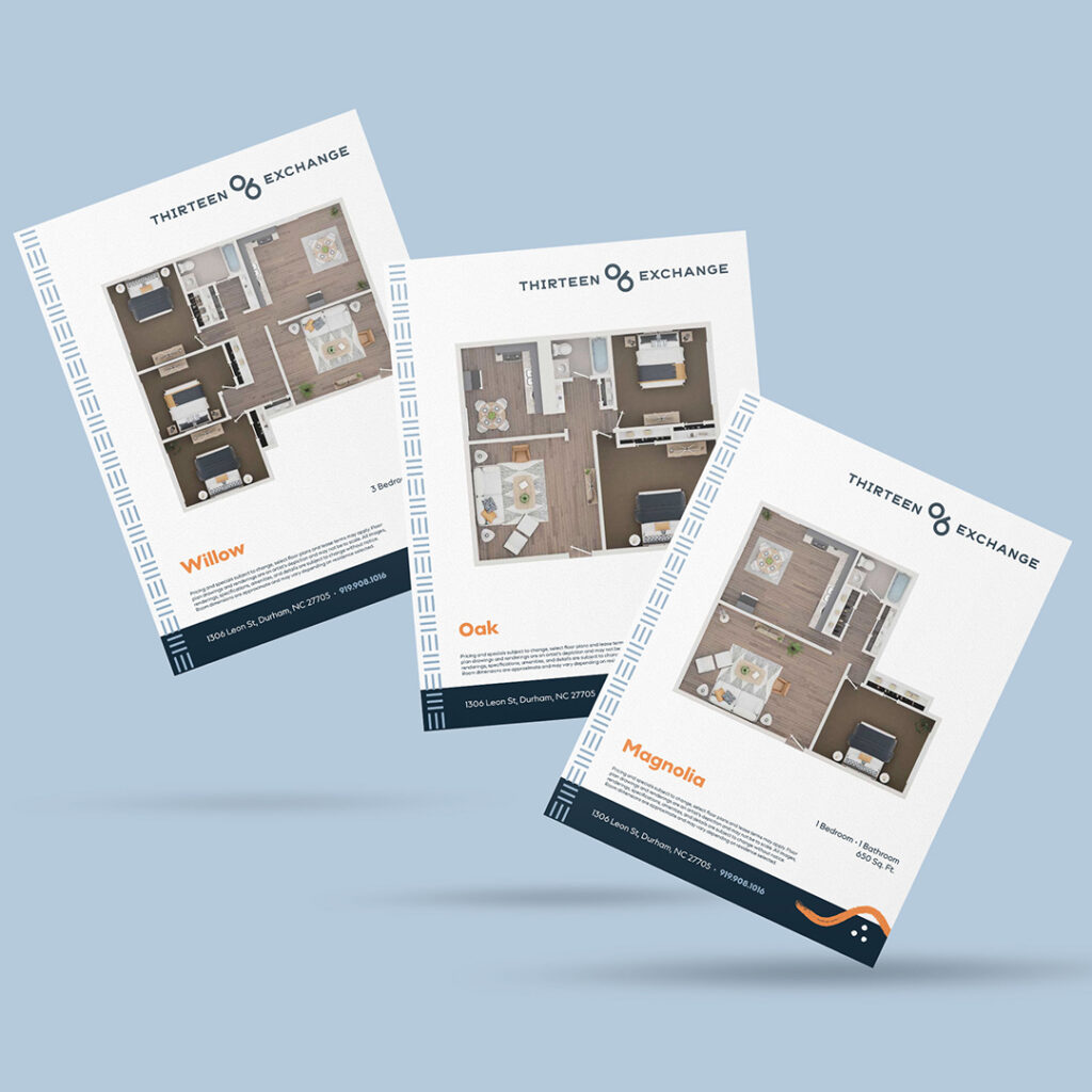 1306 Exchange Floor Plan Marketing Collateral Tree-Named Units Durham Thirteen 06 Exchange apartment floor plan brochures showing Willow, Oak, and Magnolia layouts with branded design elements, geometric patterns, and Durham NC address at 1306 Leon Street