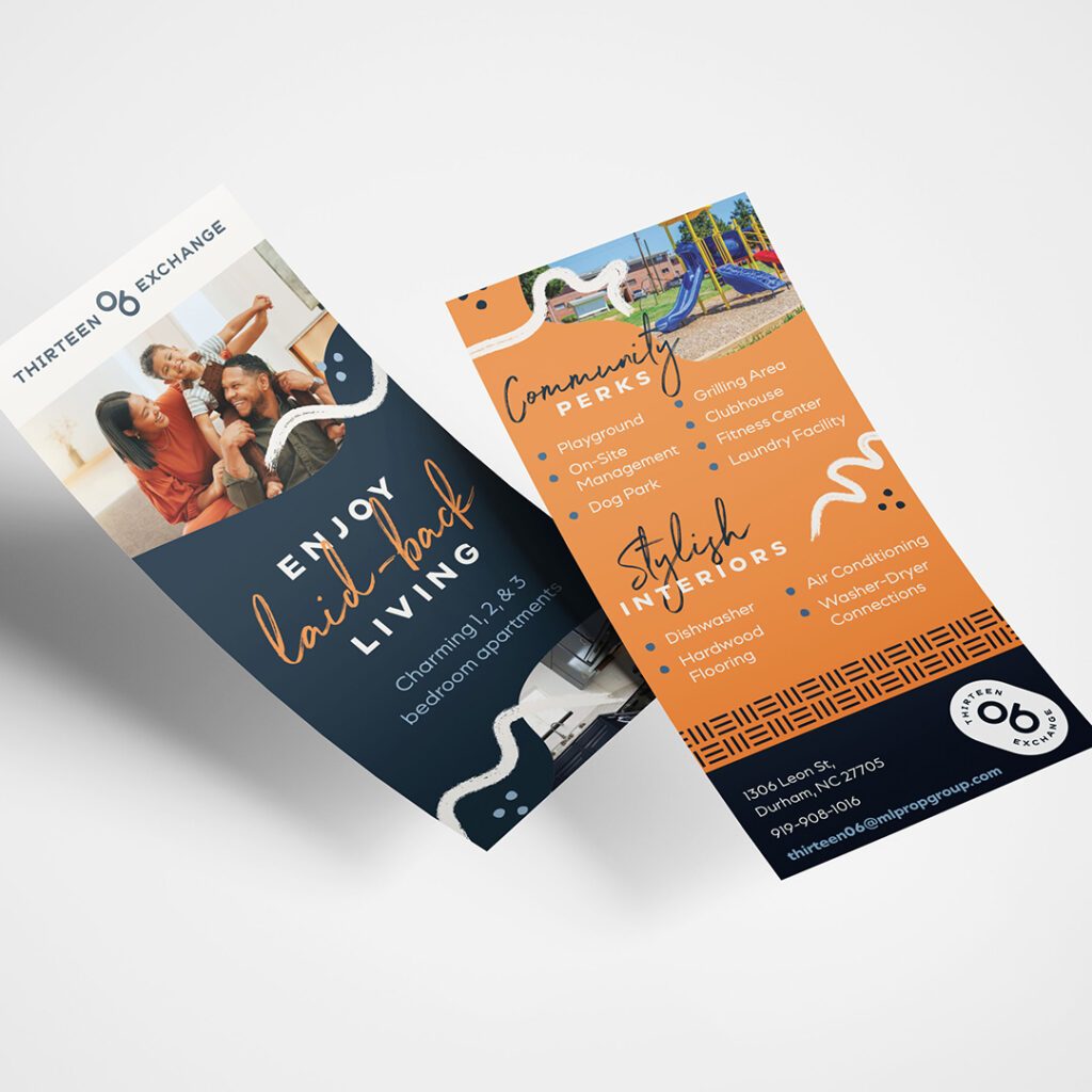 1306 Exchange Marketing Rack Cards Durham Apartment Amenities Thirteen 06 Exchange apartment marketing rack cards showing Enjoy Laid-back Living tagline with diverse family photo, Community Perks featuring amenities list, and Stylish Interiors with unit features on navy blue and orange branded design
