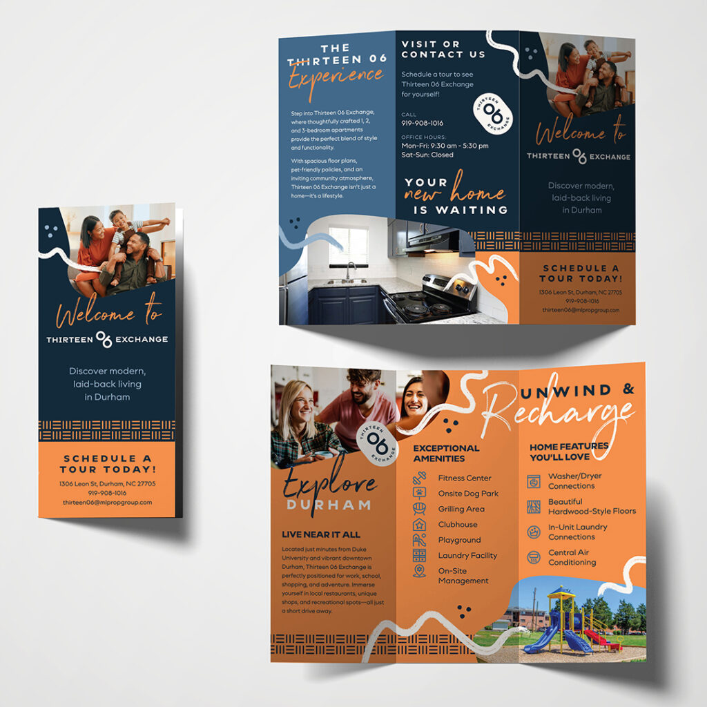 1306 Exchange Marketing Brochure Spread Durham Apartment Leasing Collateral Thirteen 06 Exchange apartment marketing brochure spread showing Welcome to Thirteen 06 Exchange cover with family photo, The Thirteen 06 Experience interior pages featuring unit photos and amenities, Explore Durham section with playground image, and Unwind and Recharge amenities list on navy and orange branded design