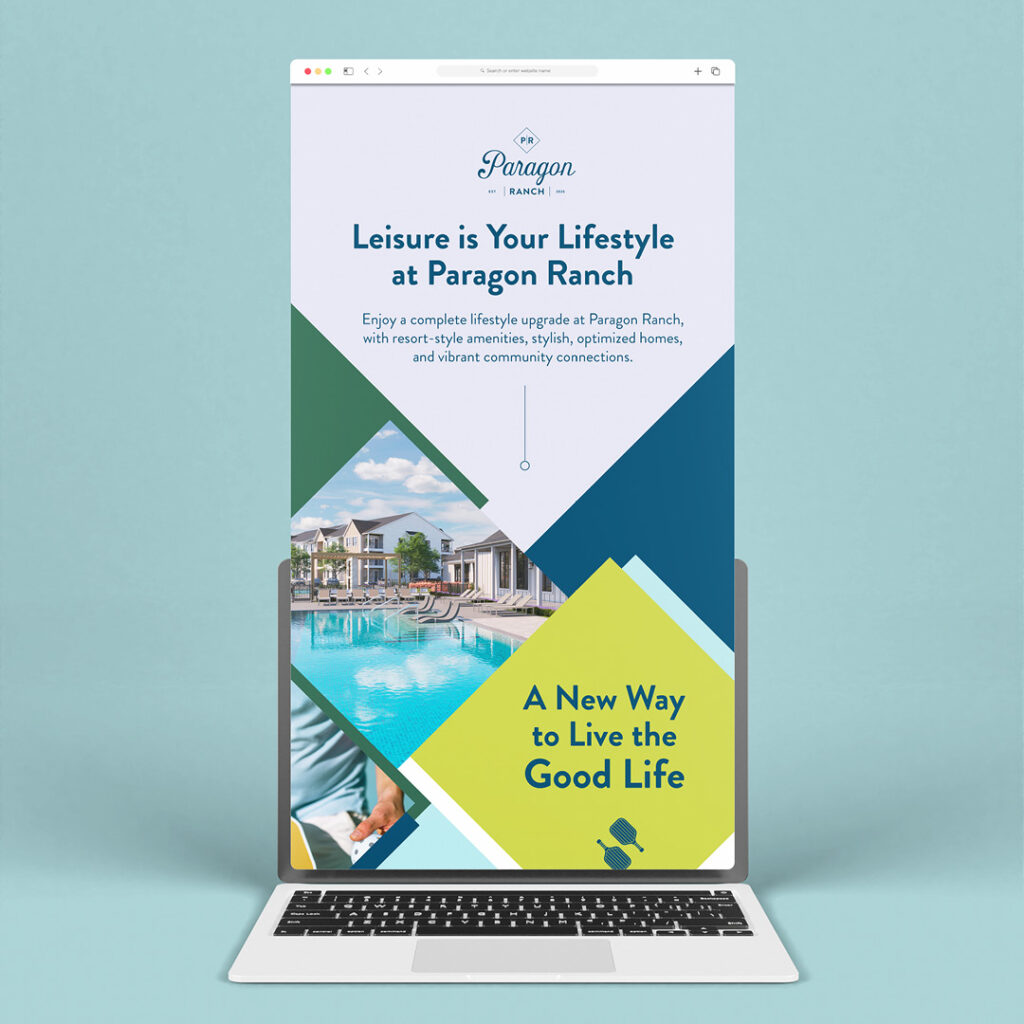 Digital Marketing Collateral for Apartment Communities Brand Strategy Close-up of laptop screen showing Paragon Ranch apartment community digital marketing landing page with brand colors and lifestyle imagery