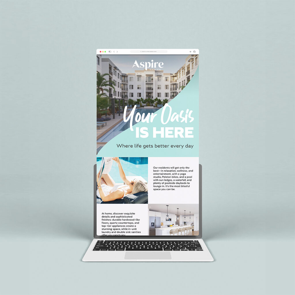 Brand Consistent Email Template Example for Multifamily Property Marketing Branded email marketing example for Aspire Apartments showing consistent visual identity with turquoise color palette and lifestyle imagery