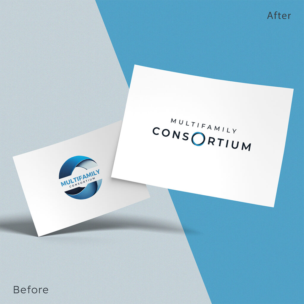 Before and after comparison of Multifamily Consortium logo redesign showing evolution from circular blue ribbon design to clean modern wordmark with Möbius-inspired circle element
