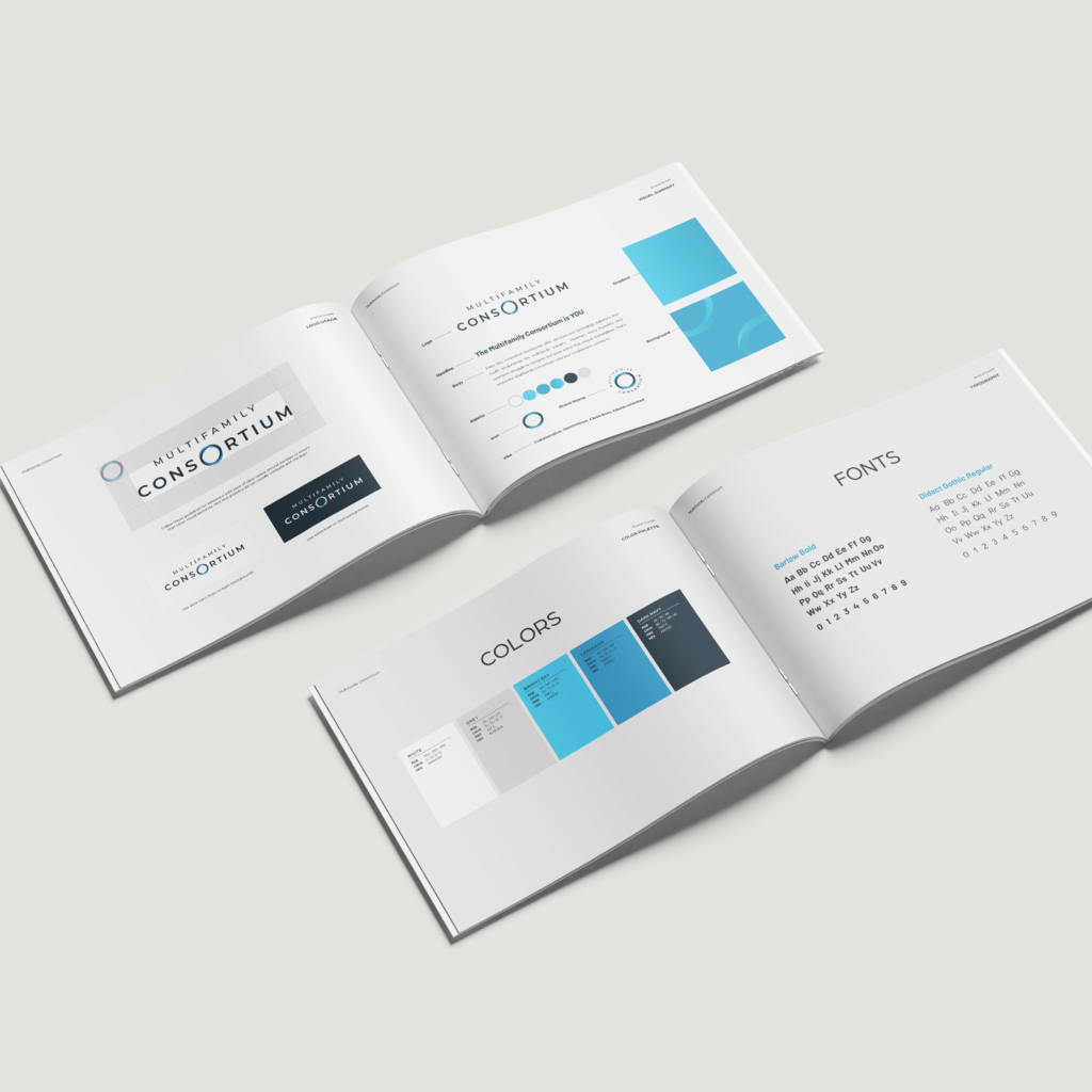  Multifamily Consortium brand guidelines spread showing logo variations, color palette from teal to navy, typography samples, and brand design elements for proptech platform