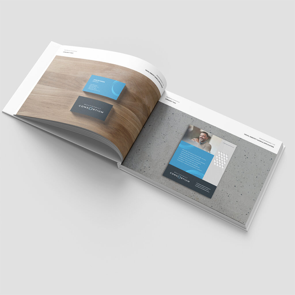 Multifamily Consortium brand style guide showing business card designs in teal and navy color scheme with modern typography and brand collateral examples
