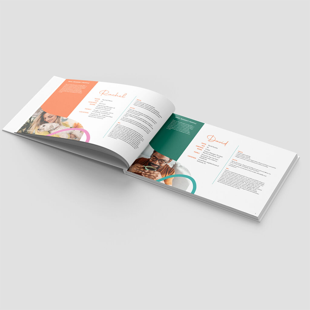 Open brand guidebook mockups displaying colorful ideal resident profile pages with coral and emerald sections, featuring lifestyle photography and detailed demographic information
