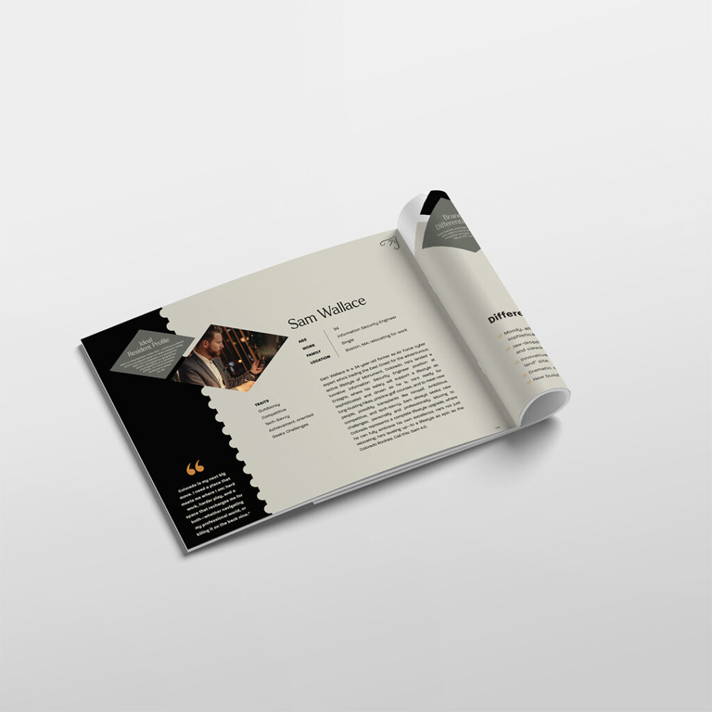 Open brand strategy booklet showing resident persona page with professional headshot, biographical details, and research-based demographic data on cream-colored paper