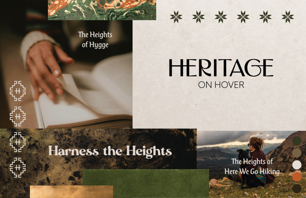 Heritage on Hover apartment branding with geometric star patterns, teal and coral color palette, and outdoor active lifestyle imagery
