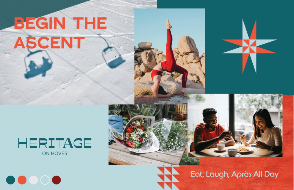 Heritage on Hover luxury apartment community brand identity with geometric borders, star motifs, and active outdoor lifestyle positioning