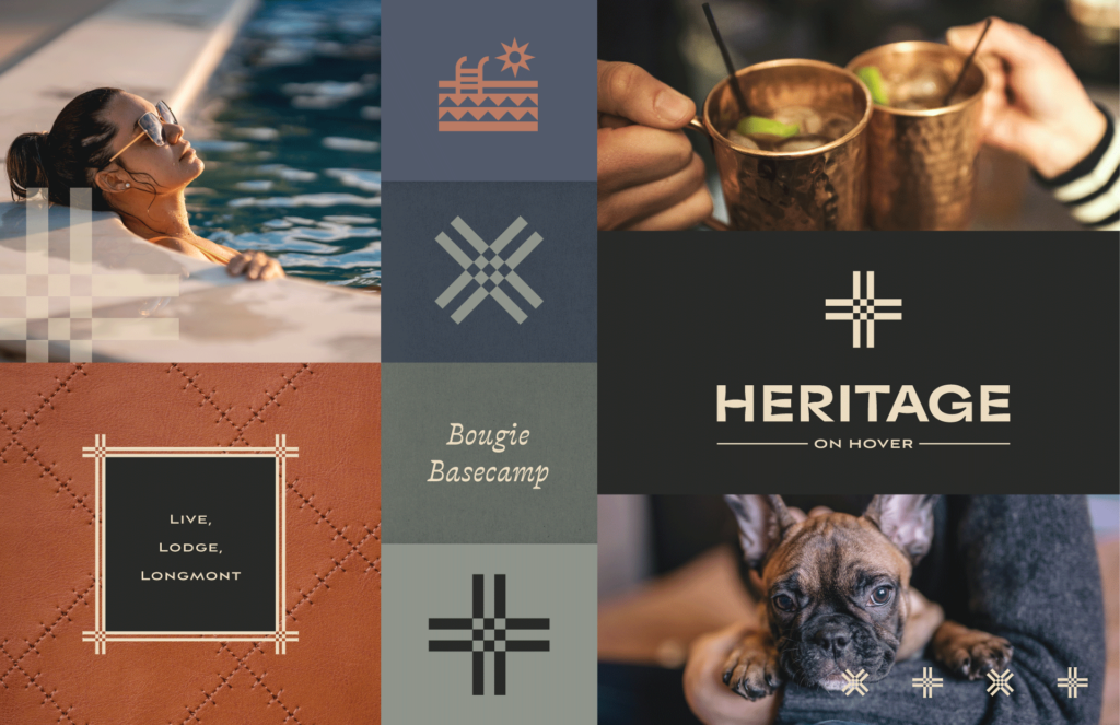 Heritage on Hover apartment logo variations with geometric patterns, nature-inspired color palette, and brand style applications