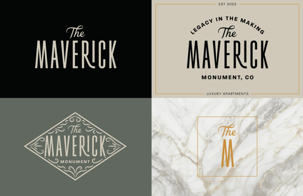 The Maverick Monument Colorado apartment logo design with Art Deco typography and vintage Western Americana aesthetic