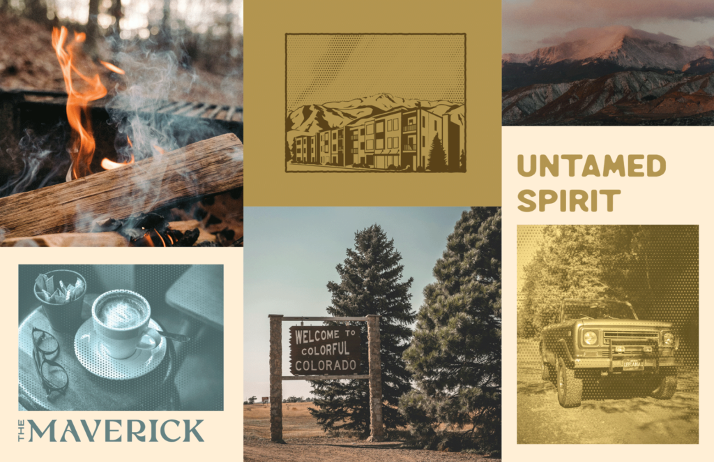 The Maverick Monument Colorado apartment illustrated building rendering with natural Colorado landscape and mountain views